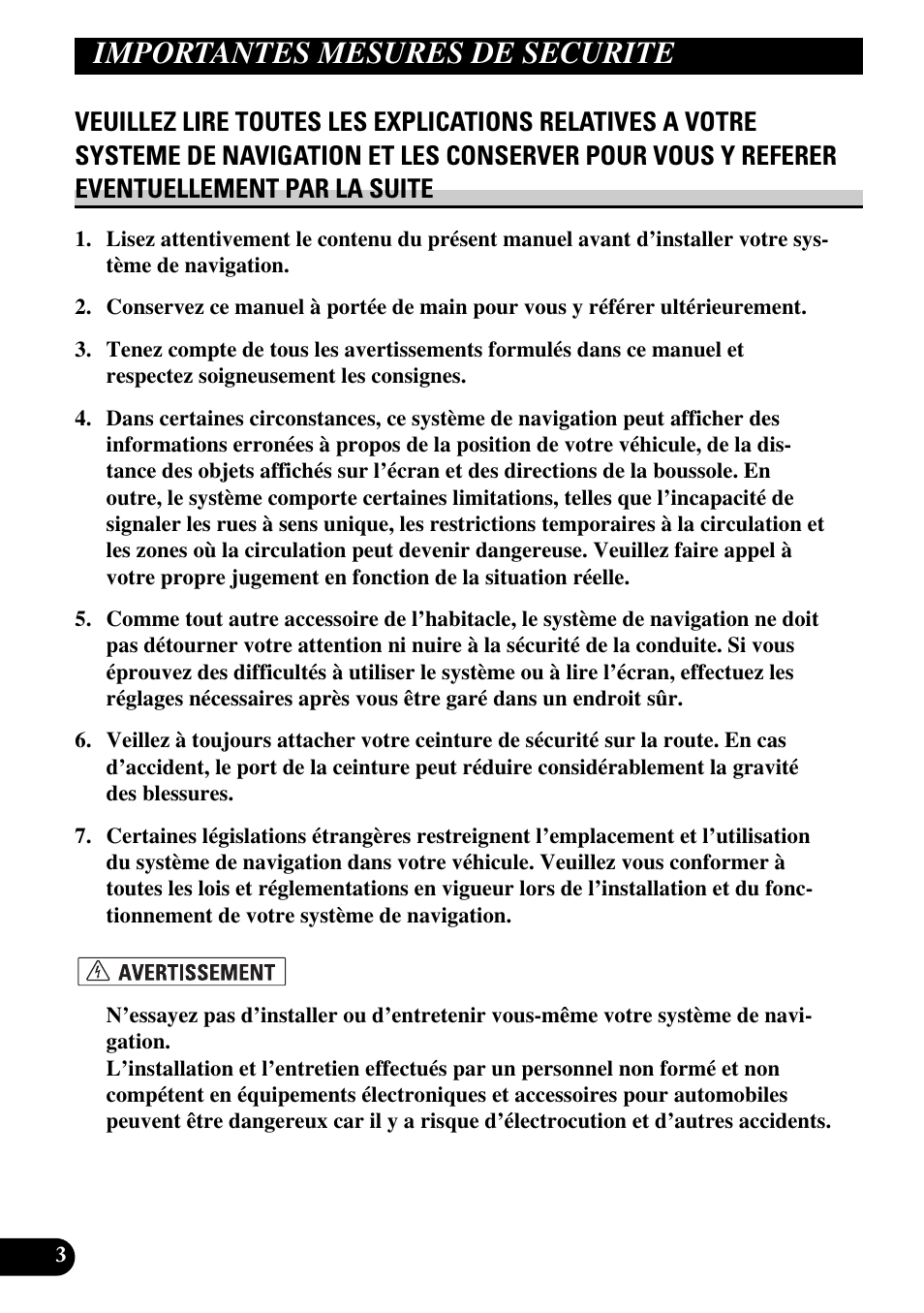 Importantes mesures de, Securite, Veuillez lire toutes les | Importantes mesures de securite | Pioneer AVIC-X1BT User Manual | Page 100 / 194