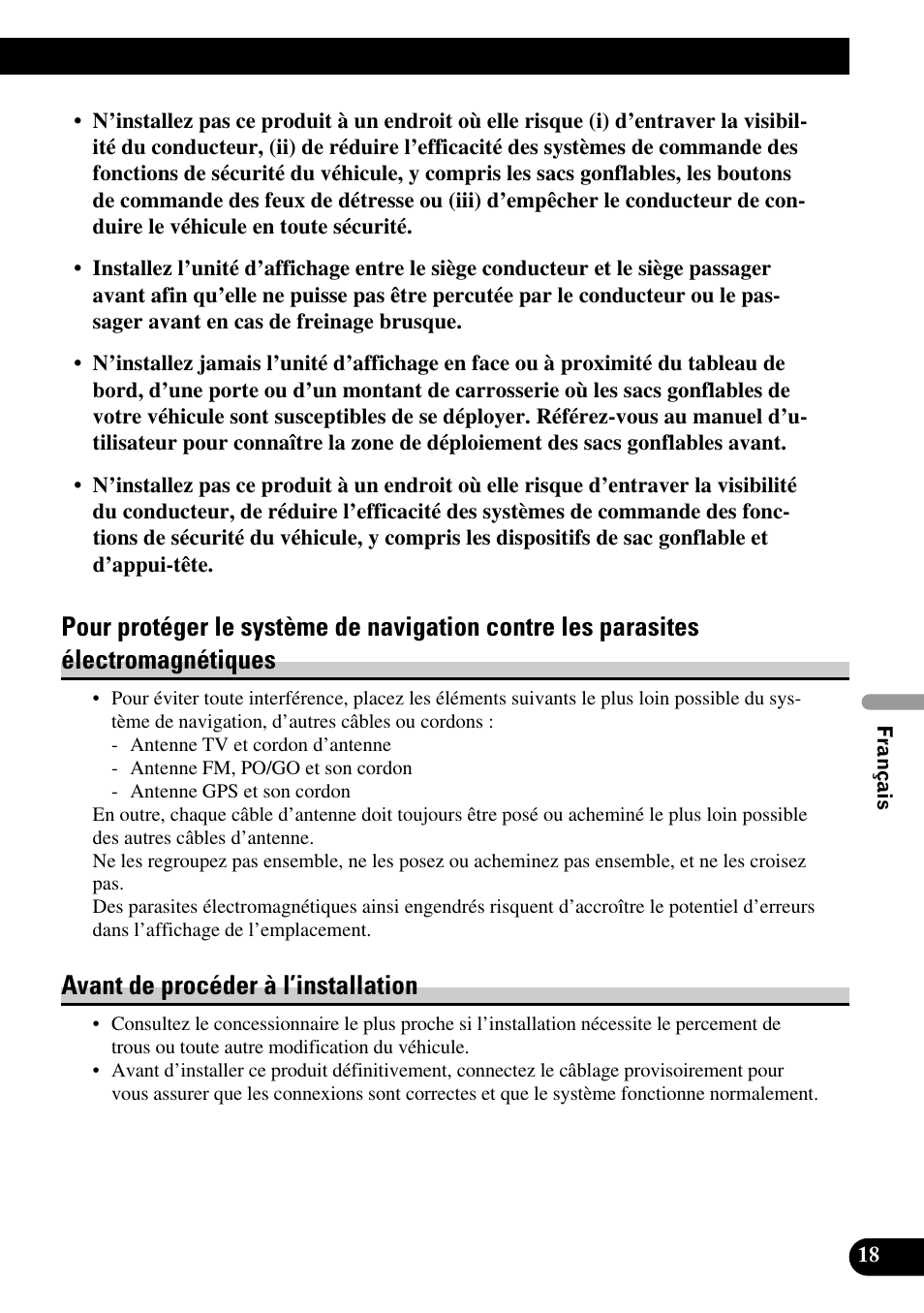 Pour protéger le système de navigation contre les, Parasites électromagnétiques, Avant de procéder à l’installation | Pioneer AVIC-X1BT User Manual | Page 115 / 194