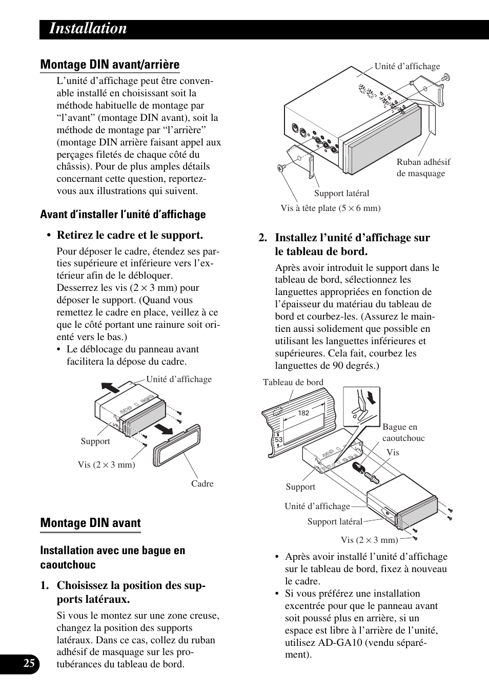 Montage din avant/arrière, Montage din avant, Installation | Pioneer AVIC-X1BT User Manual | Page 122 / 194