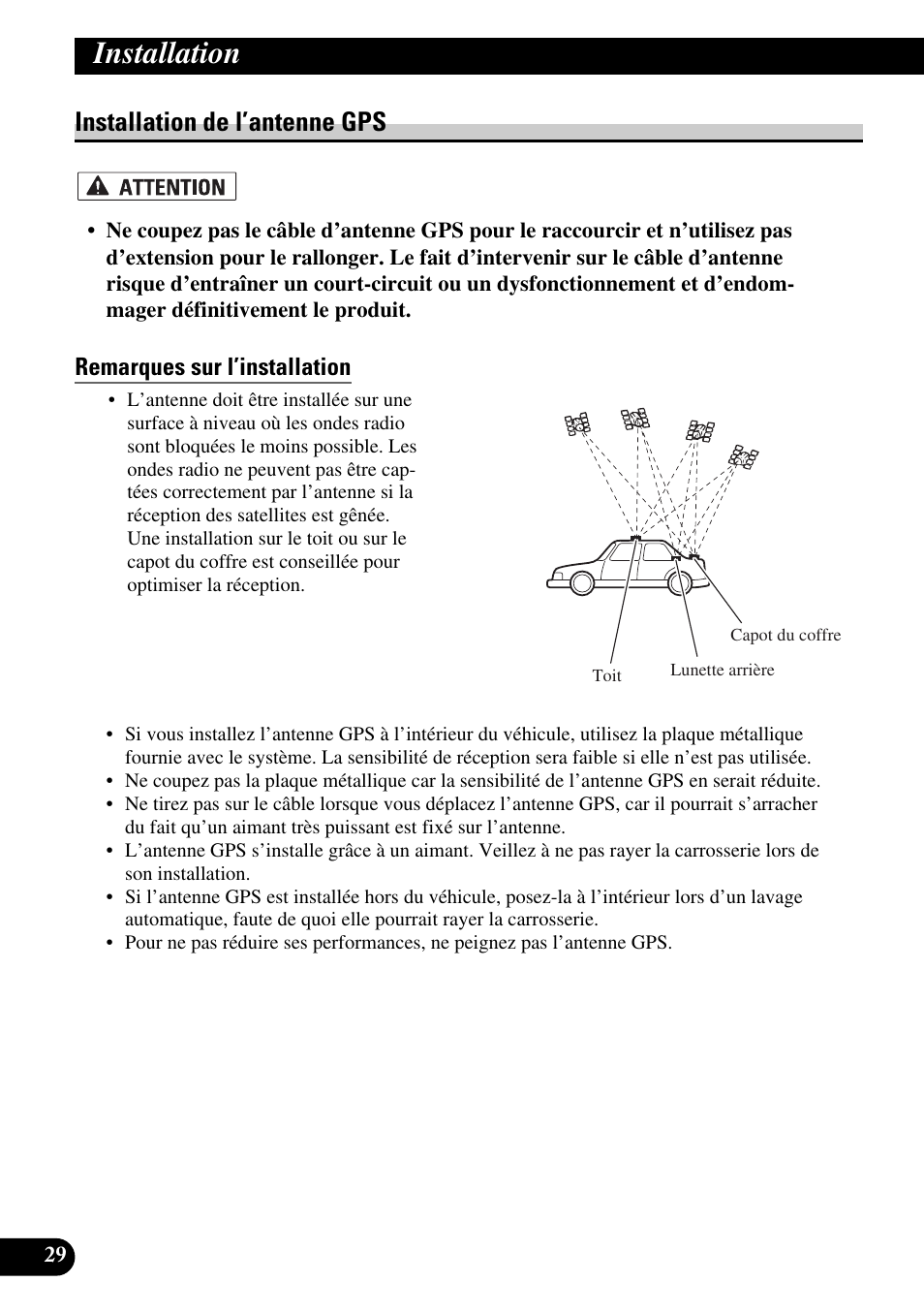 Installation de l’antenne gps, Remarques sur l’installation, Installation | Pioneer AVIC-X1BT User Manual | Page 126 / 194