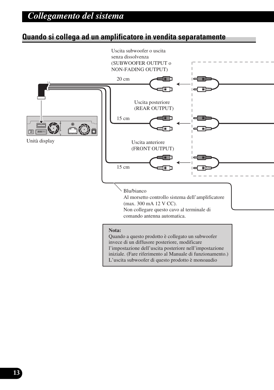 Quando si collega ad un amplificatore in, Vendita separatamente, Collegamento del sistema | Pioneer AVIC-X1BT User Manual | Page 142 / 194