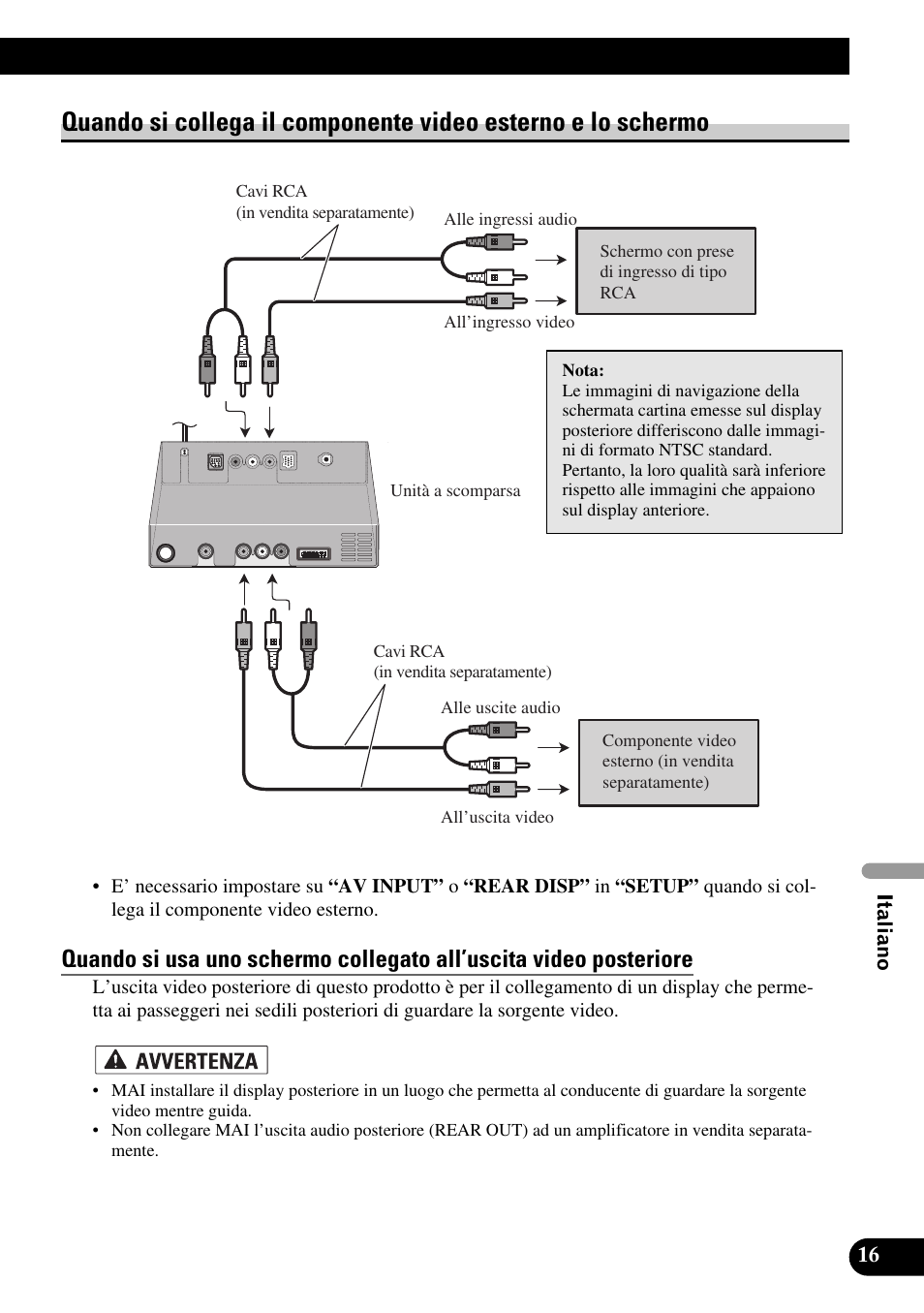 Quando si collega il componente video, Esterno e lo schermo | Pioneer AVIC-X1BT User Manual | Page 145 / 194