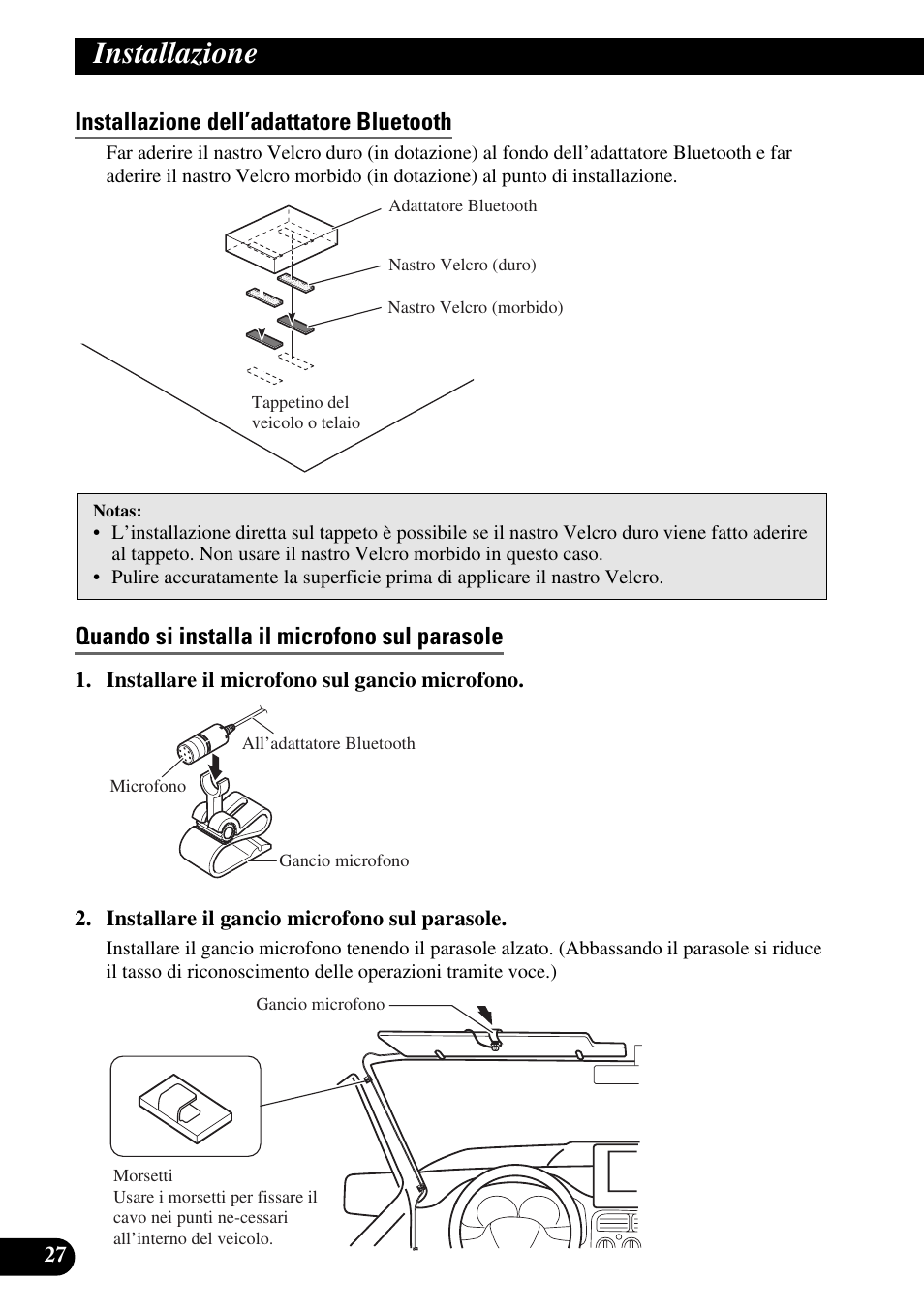 Installazione dell’adattatore bluetooth, Quando si installa il microfono sul parasole, Installazione | Pioneer AVIC-X1BT User Manual | Page 156 / 194