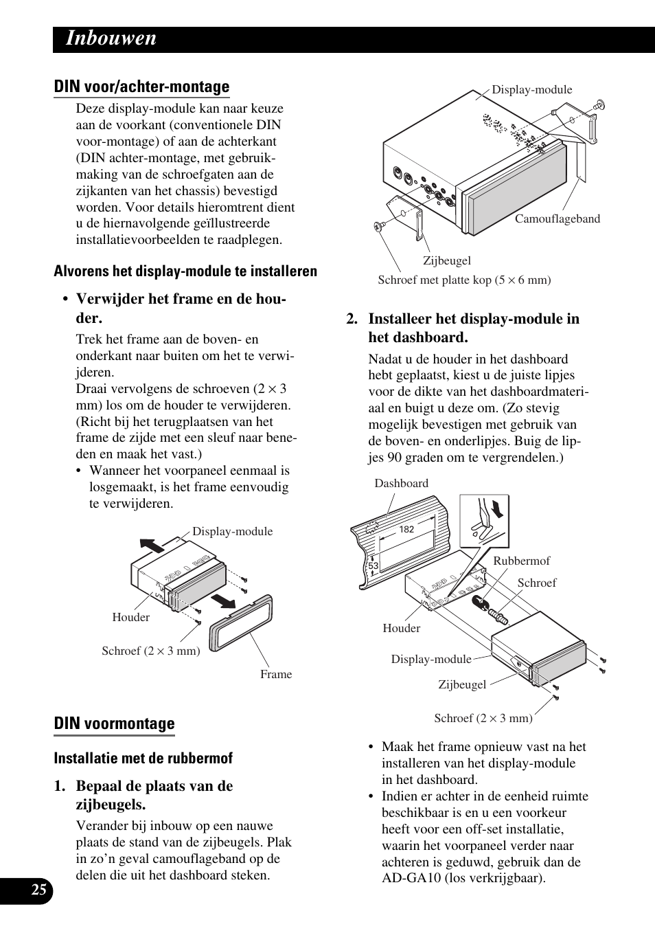 Din voor/achter-montage, Din voormontage, Inbouwen | Pioneer AVIC-X1BT User Manual | Page 186 / 194