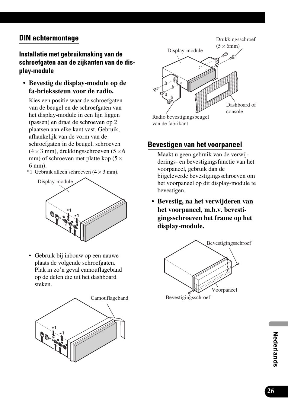 Din achtermontage, Bevestigen van het voorpaneel | Pioneer AVIC-X1BT User Manual | Page 187 / 194