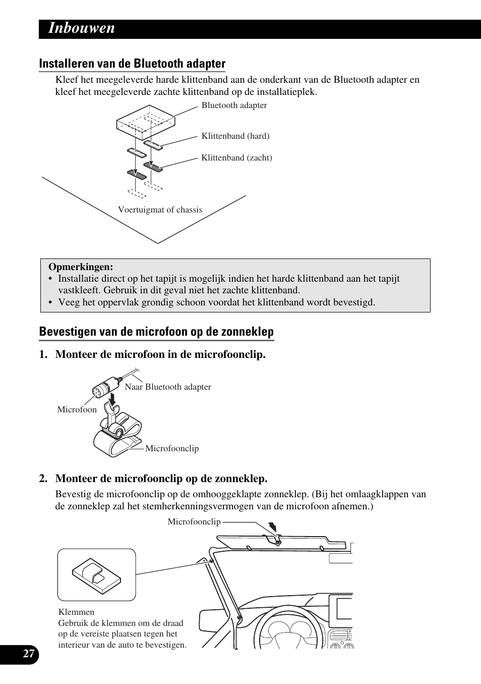 Installeren van de bluetooth adapter, Bevestigen van de microfoon op de zonneklep, Inbouwen | Pioneer AVIC-X1BT User Manual | Page 188 / 194