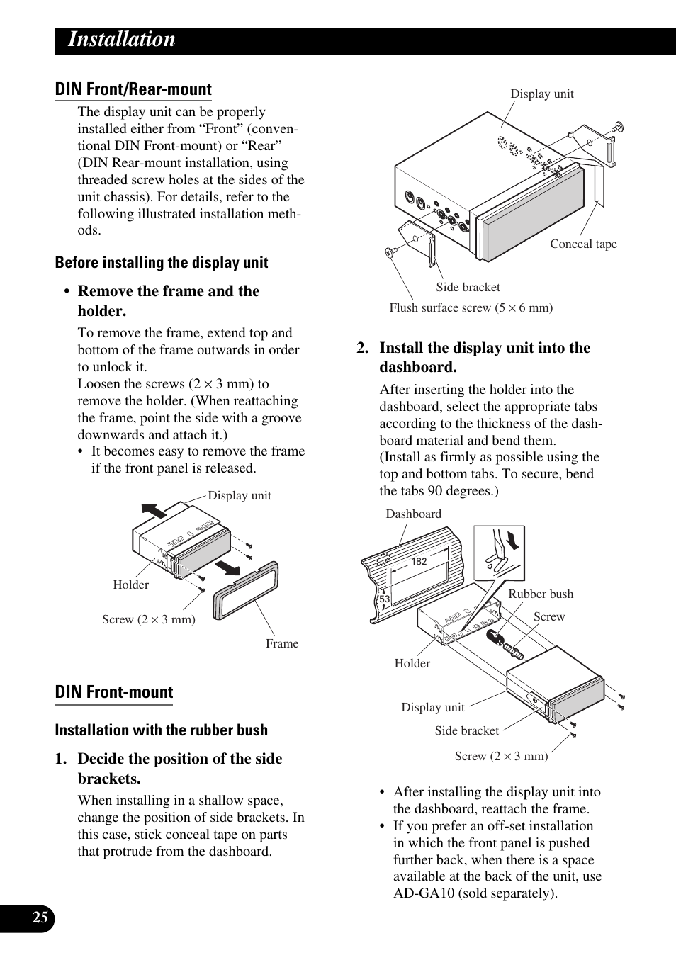 Din front/rear-mount, Din front-mount, Installation | Pioneer AVIC-X1BT User Manual | Page 26 / 194