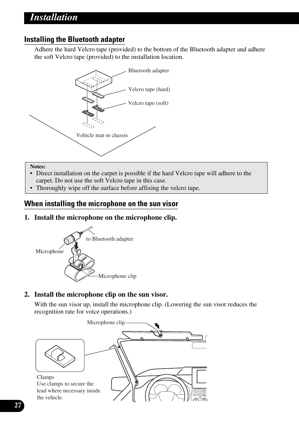 Installing the bluetooth adapter, When installing the microphone on the sun visor, Installation | Pioneer AVIC-X1BT User Manual | Page 28 / 194