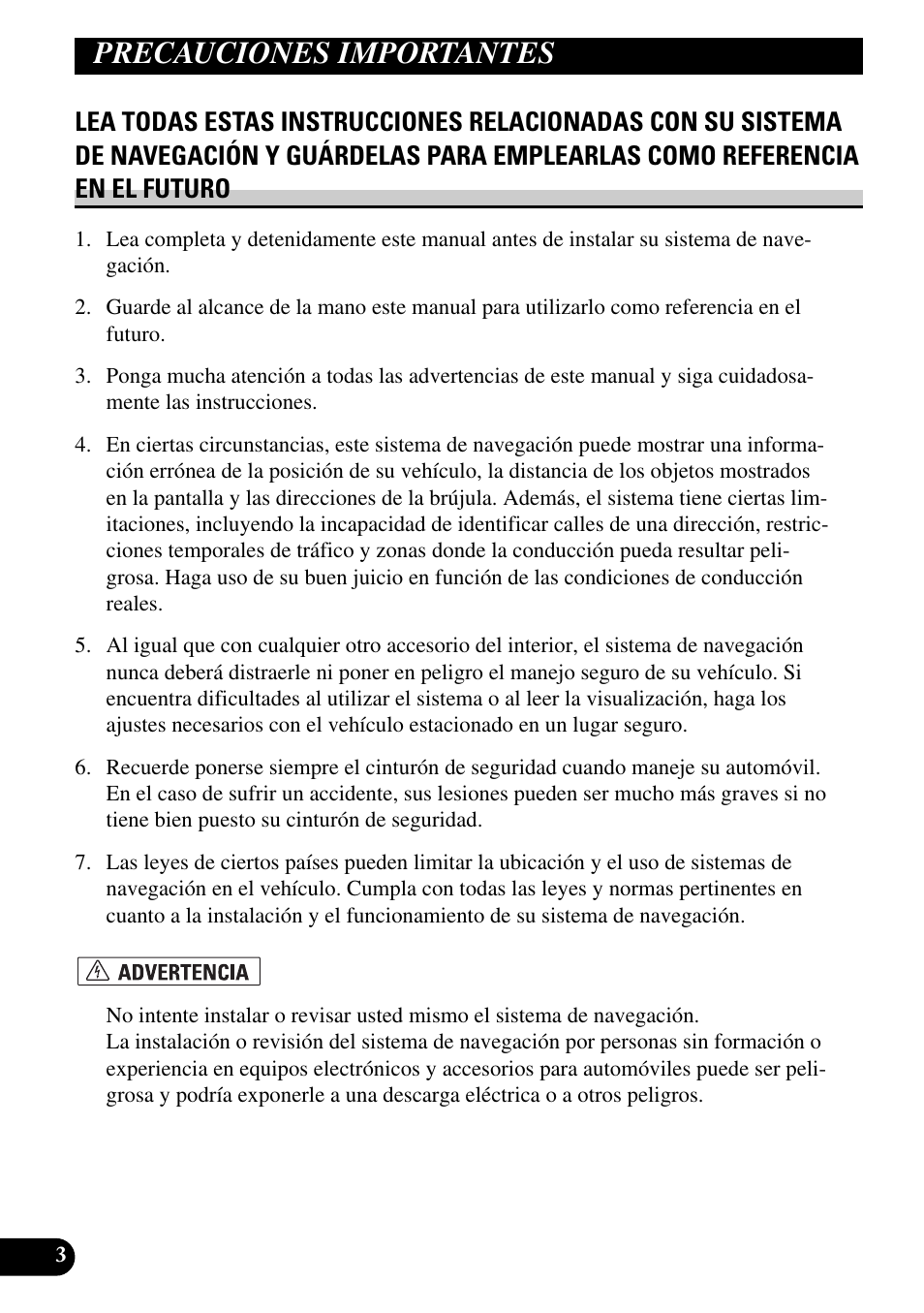Precauciones importantes, Lea todas estas instrucciones | Pioneer AVIC-X1BT User Manual | Page 36 / 194