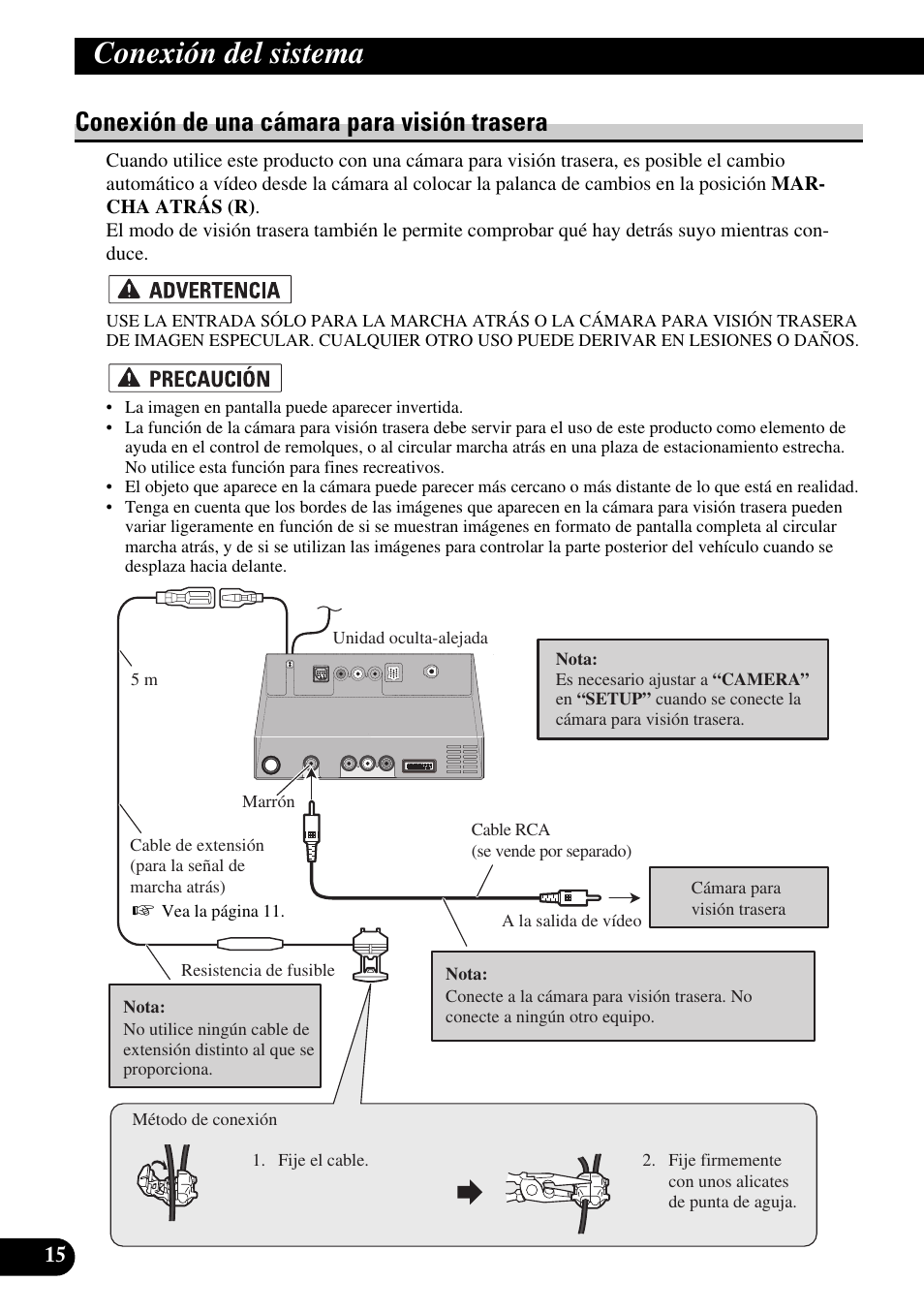 Conexión de una cámara para visión trasera, Conexión del sistema | Pioneer AVIC-X1BT User Manual | Page 48 / 194