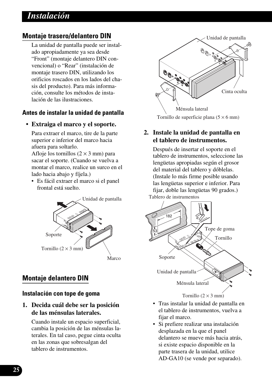 Montaje trasero/delantero din, Montaje delantero din, Instalación | Pioneer AVIC-X1BT User Manual | Page 58 / 194