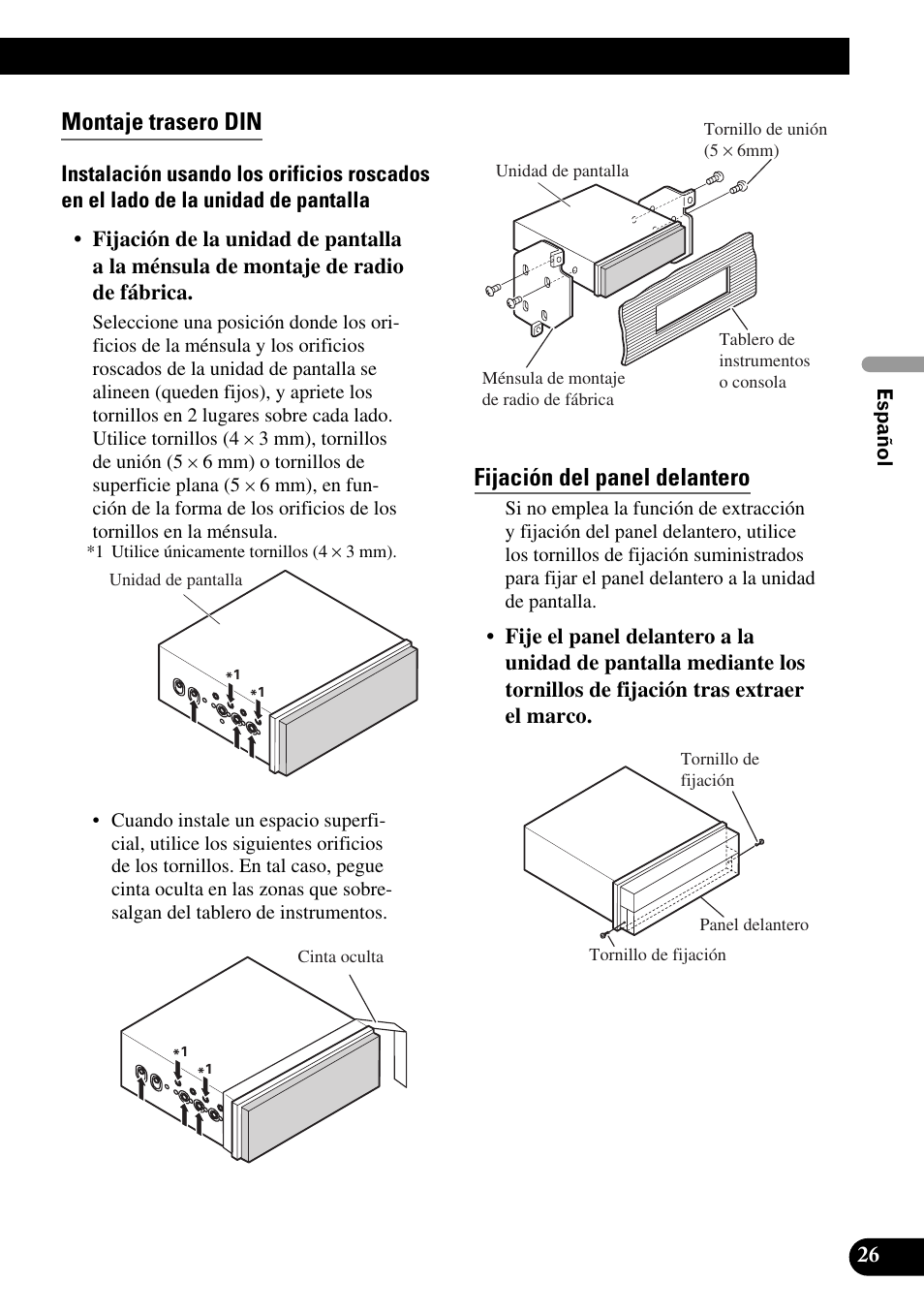 Montaje trasero din, Fijación del panel delantero | Pioneer AVIC-X1BT User Manual | Page 59 / 194