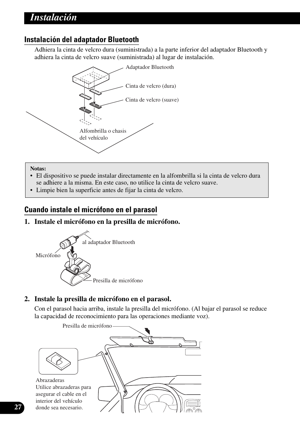 Instalación del adaptador bluetooth, Cuando instale el micrófono en el parasol, Instalación | Pioneer AVIC-X1BT User Manual | Page 60 / 194