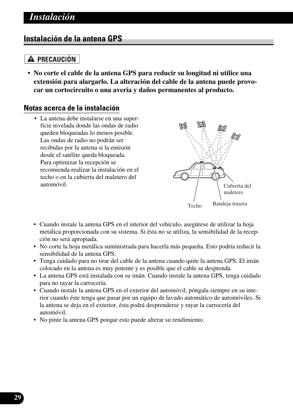 Instalación de la antena gps, Notas acerca de la instalación, Instalación | Pioneer AVIC-X1BT User Manual | Page 62 / 194