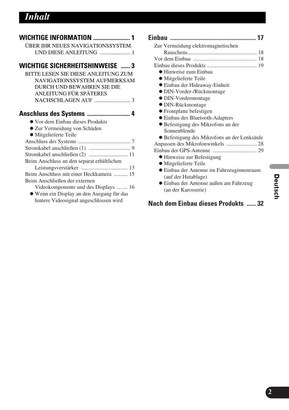 Inhalt, Wichtige information, Wichtige sicherheitshinweise | Anschluss des systems, Einbau, Nach dem einbau dieses produkts 2 | Pioneer AVIC-X1BT User Manual | Page 67 / 194