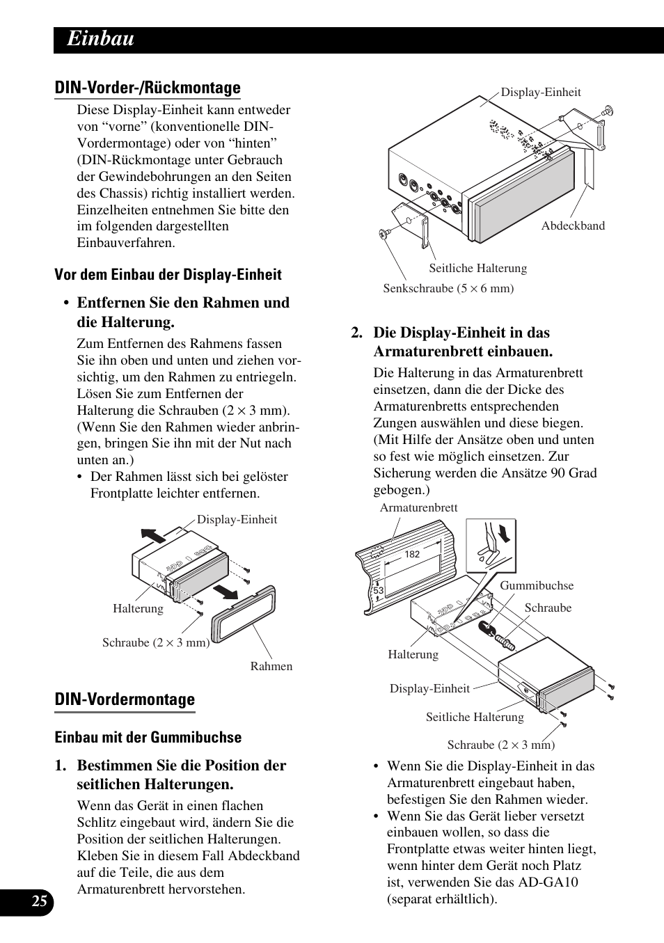 Din-vorder-/rückmontage, Din-vordermontage, Einbau | Pioneer AVIC-X1BT User Manual | Page 90 / 194