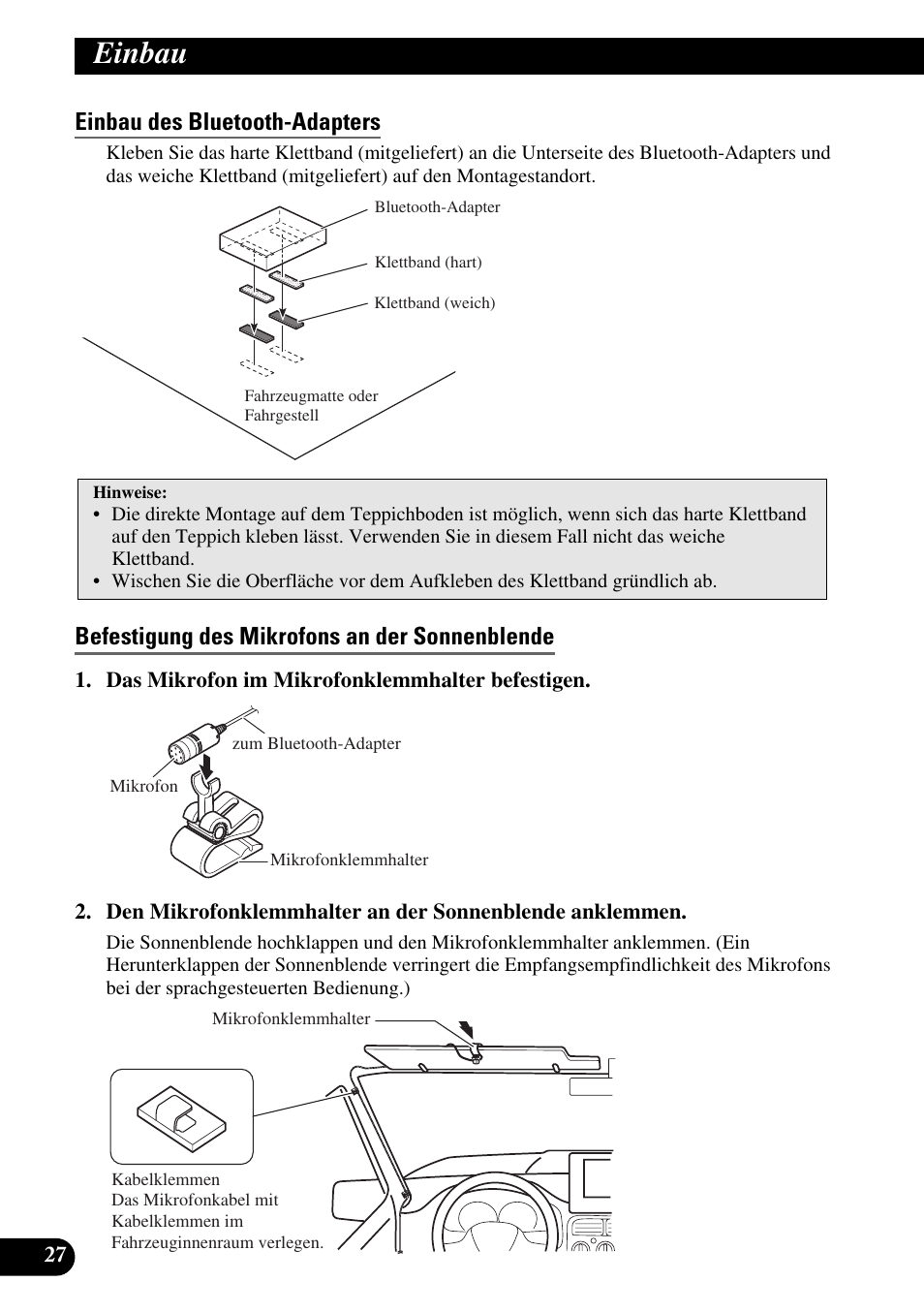 Einbau des bluetooth-adapters, Befestigung des mikrofons an der sonnenblende, Einbau | Pioneer AVIC-X1BT User Manual | Page 92 / 194