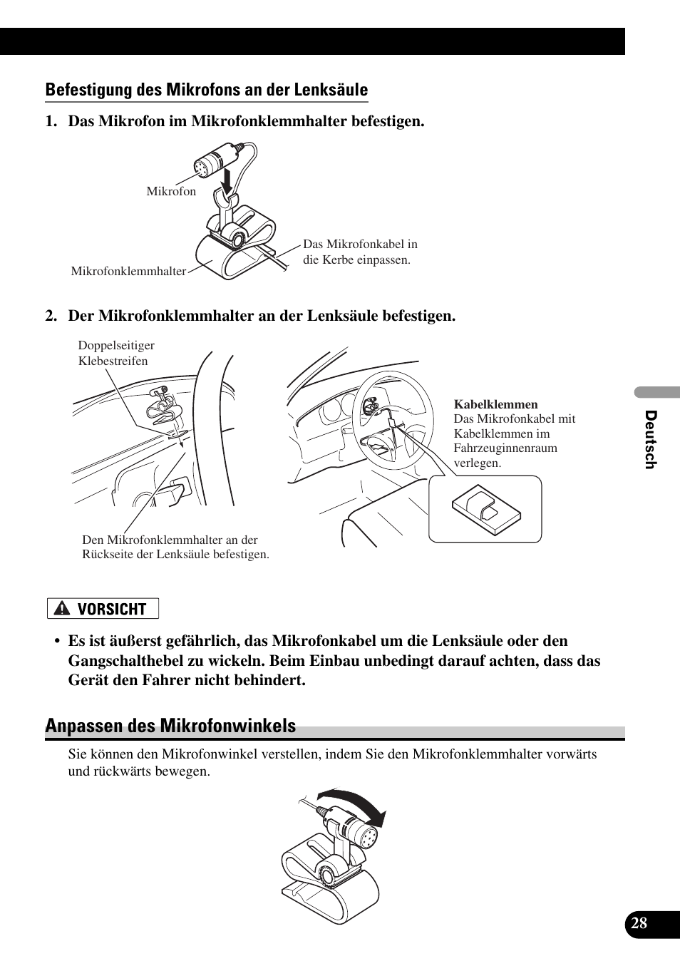 Befestigung des mikrofons an der lenksäule, Anpassen des mikrofonwinkels | Pioneer AVIC-X1BT User Manual | Page 93 / 194