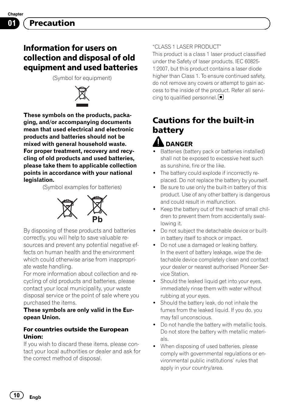 Precaution, Information for users on collection and, Disposal of old equipment and used batteries | Cautions for the built-in battery, 01 precaution | Pioneer AVIC-F320BT User Manual | Page 10 / 132