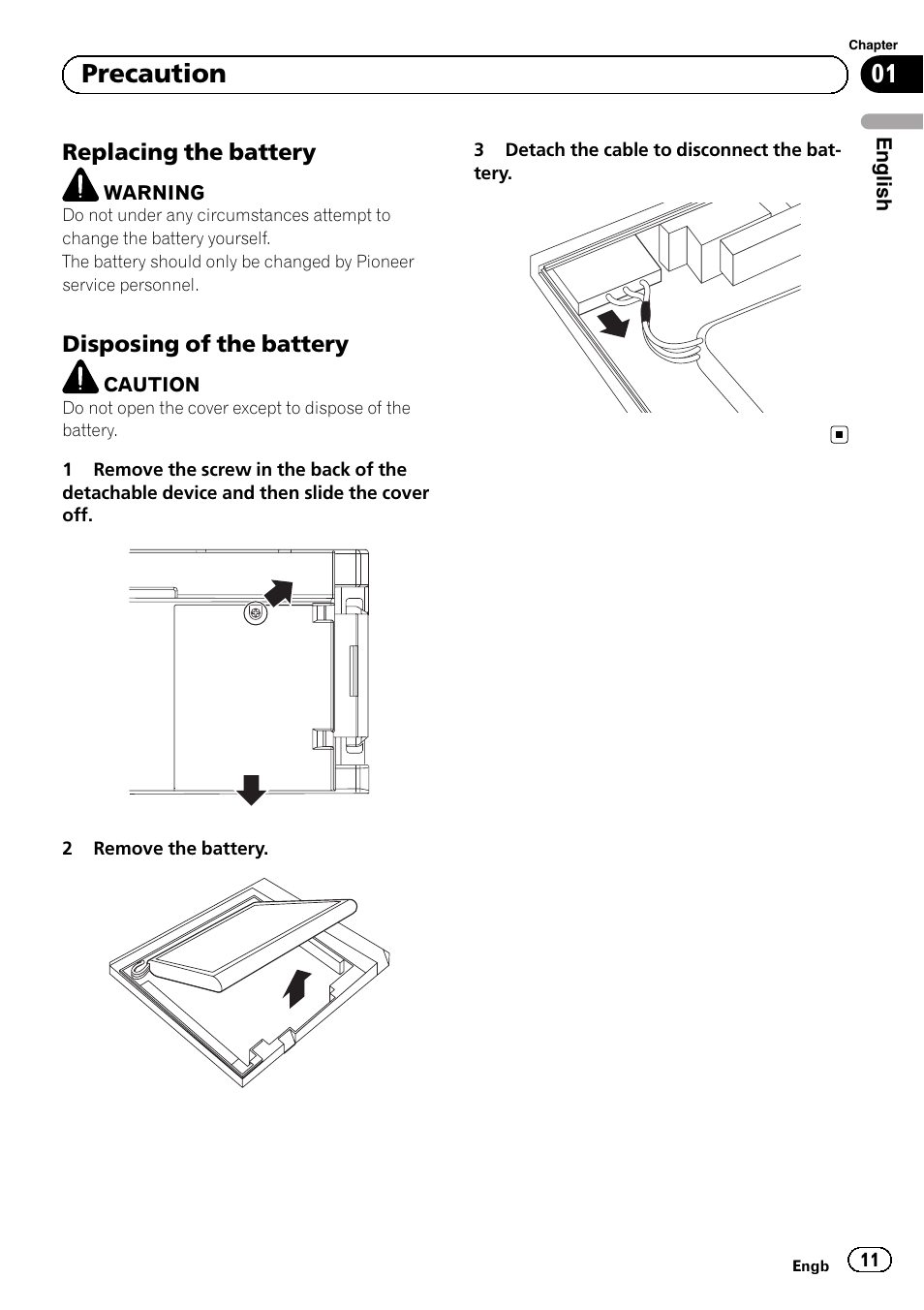 Replacing the battery 11, Disposing of the battery 11, 01 precaution | Pioneer AVIC-F320BT User Manual | Page 11 / 132