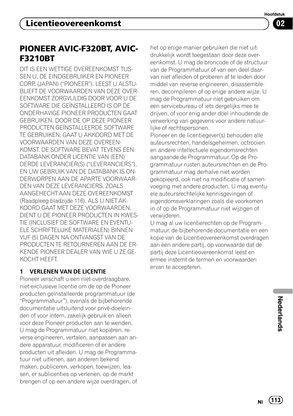 02 licentieovereenkomst | Pioneer AVIC-F320BT User Manual | Page 113 / 132