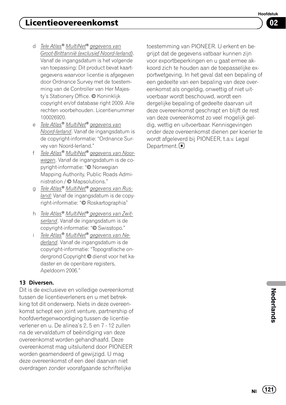 02 licentieovereenkomst, Nederlands | Pioneer AVIC-F320BT User Manual | Page 121 / 132