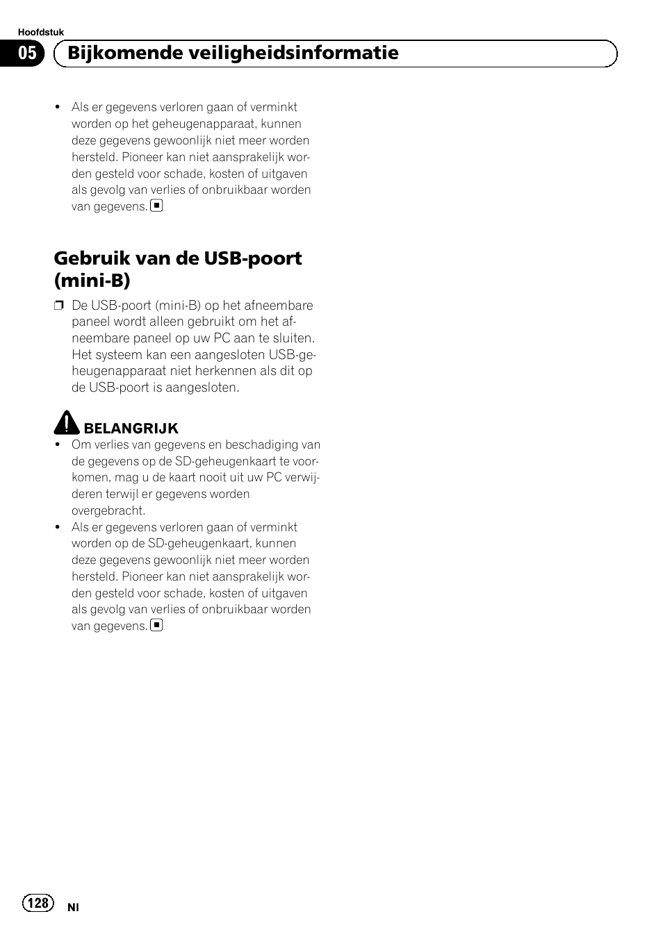 Gebruik van de usb-poort (mini-b), 05 bijkomende veiligheidsinformatie | Pioneer AVIC-F320BT User Manual | Page 128 / 132