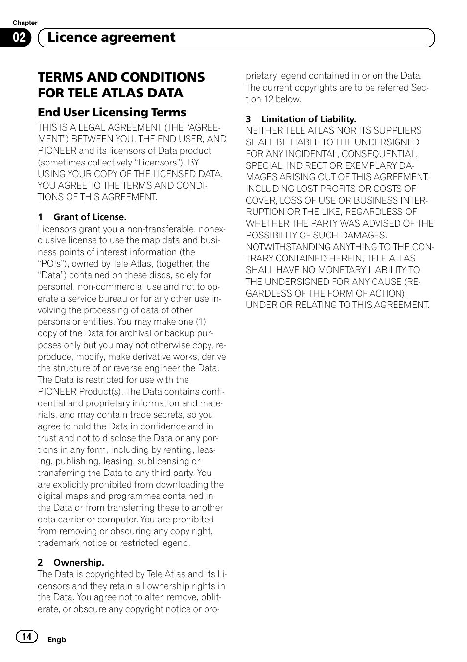 Terms and conditions for tele atlas, Data, End user licensing terms 14 | Terms and conditions for tele atlas data, 02 licence agreement | Pioneer AVIC-F320BT User Manual | Page 14 / 132