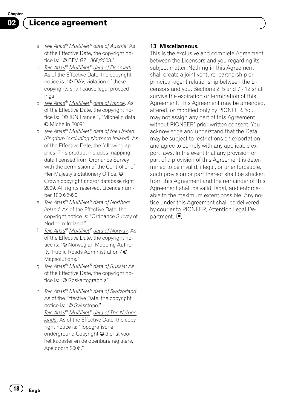 02 licence agreement | Pioneer AVIC-F320BT User Manual | Page 18 / 132