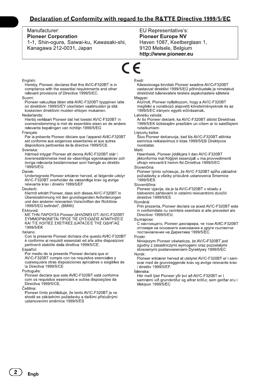 Pioneer AVIC-F320BT User Manual | Page 2 / 132