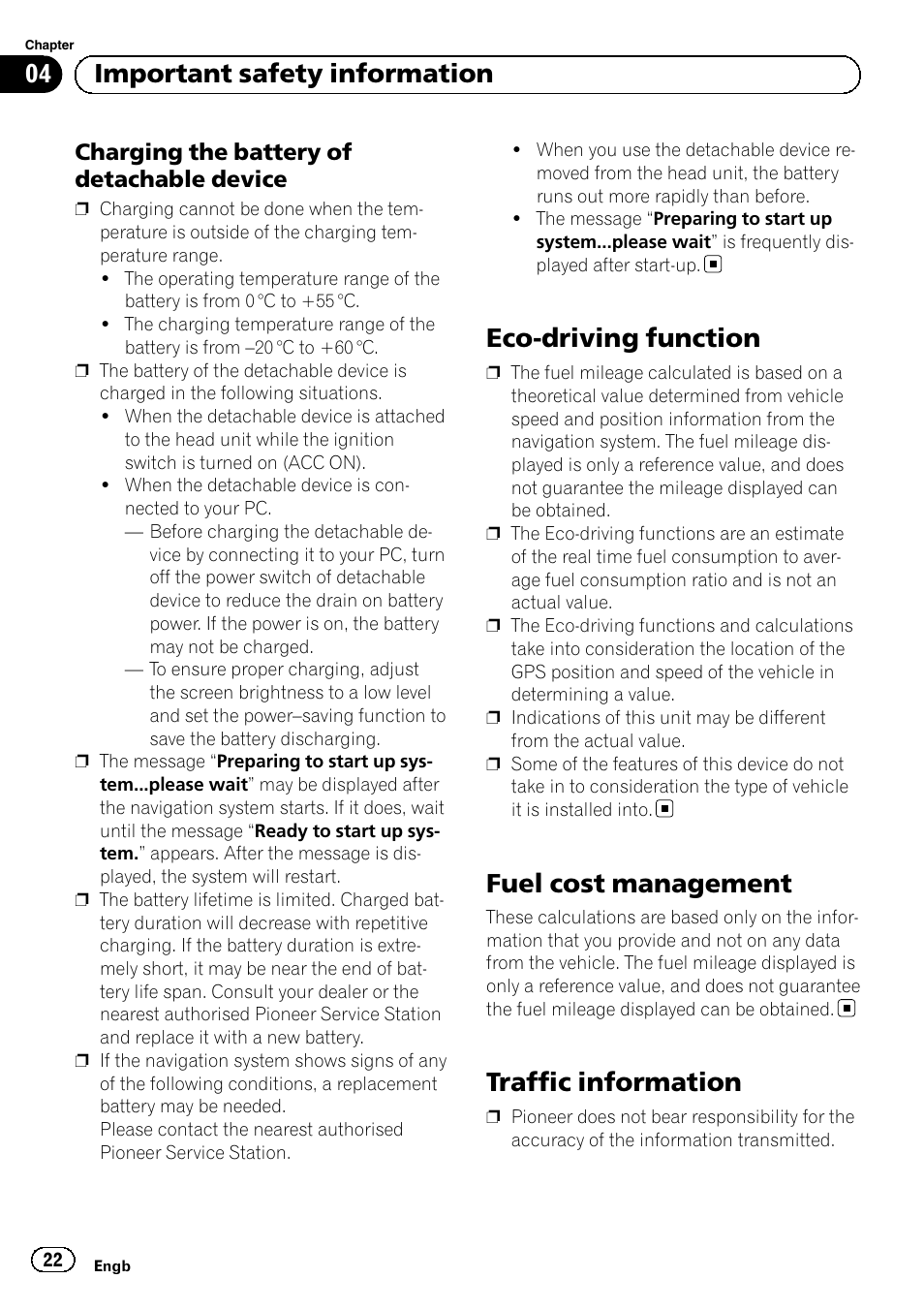 Charging the battery of detachable, Device, Eco-driving function | Fuel cost management, Traffic information, 04 important safety information | Pioneer AVIC-F320BT User Manual | Page 22 / 132