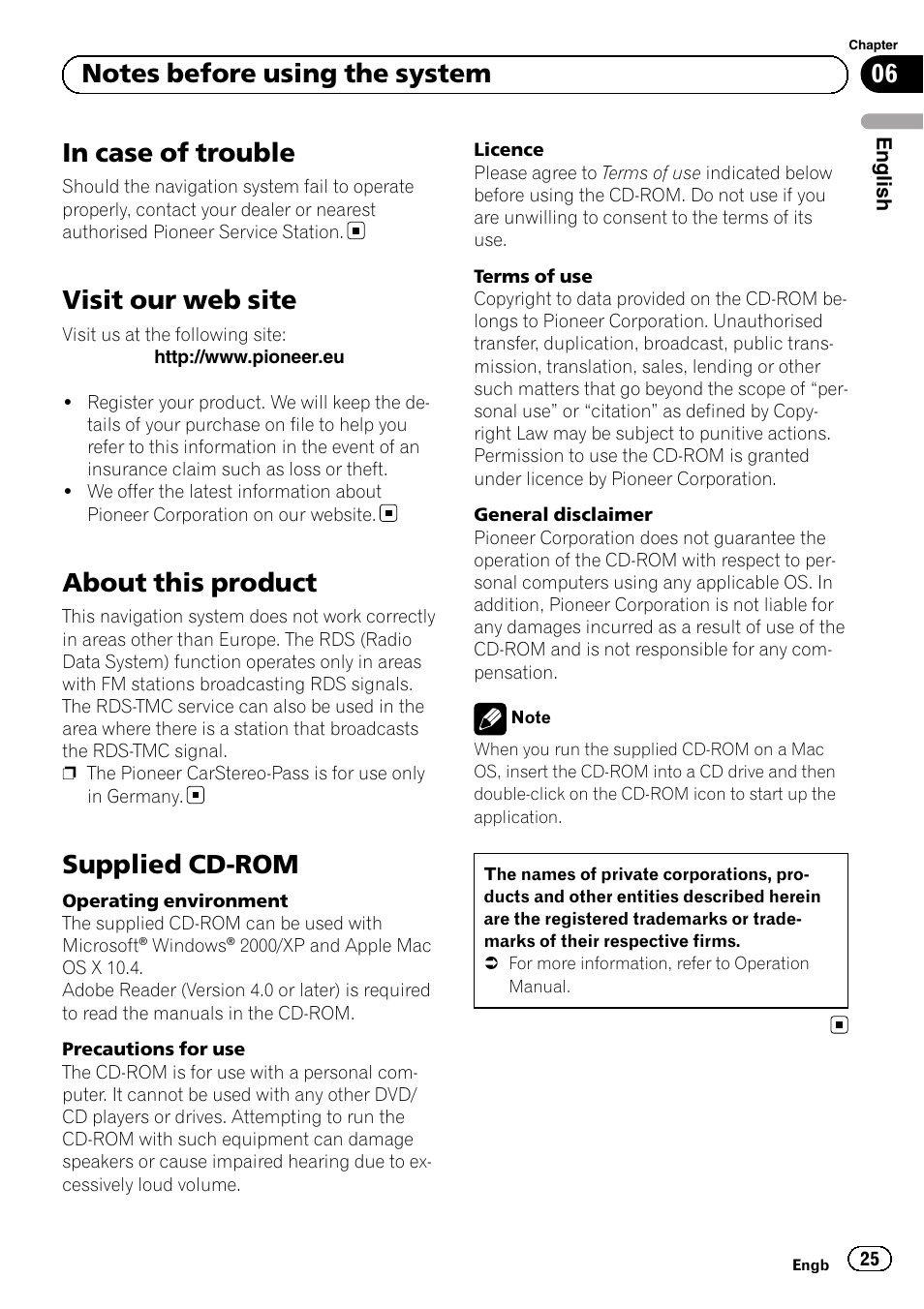 Notes before using the system in case of trouble, Visit our web site, About this product | Supplied cd-rom | Pioneer AVIC-F320BT User Manual | Page 25 / 132