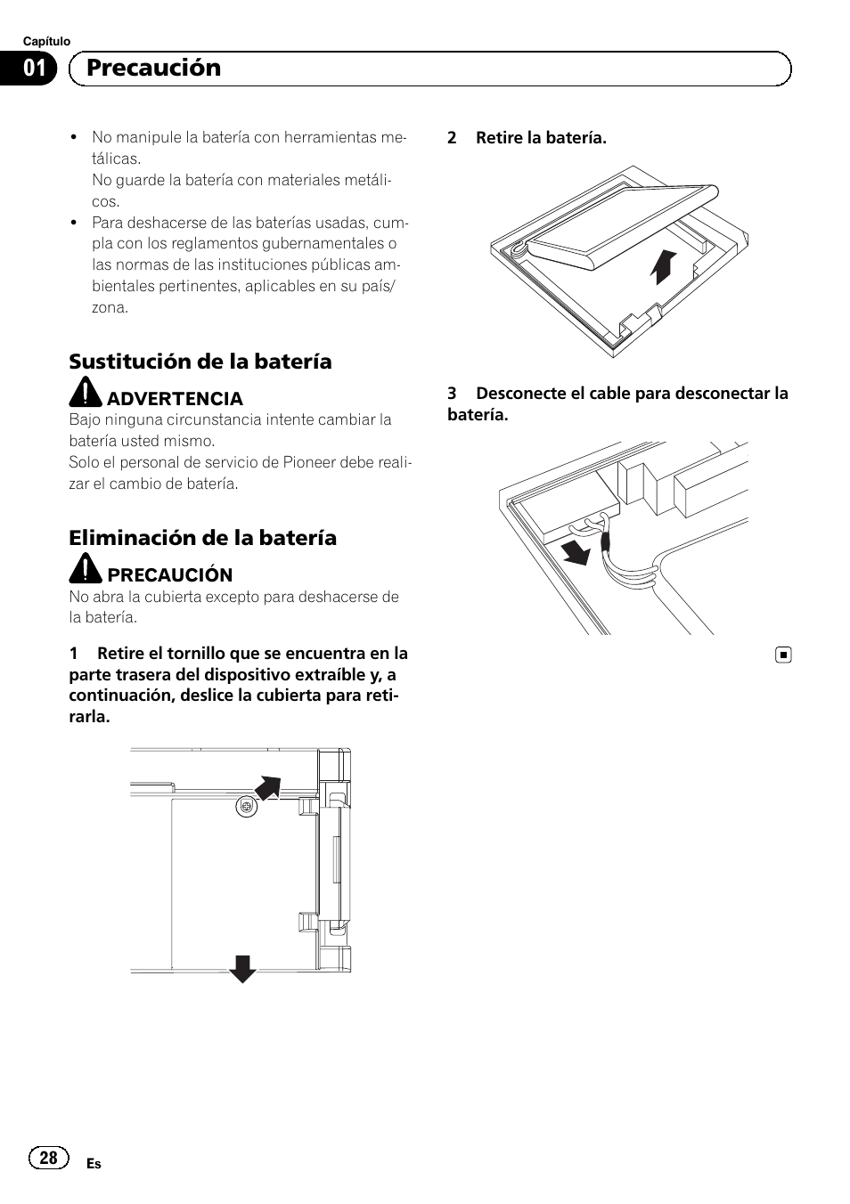 Sustitución de la batería 28, Eliminación de la batería 28, 01 precaución | Sustitución de la batería, Eliminación de la batería | Pioneer AVIC-F320BT User Manual | Page 28 / 132