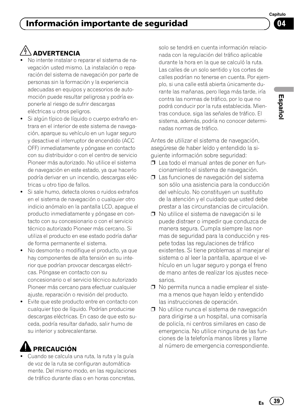 Información importante de seguridad, 04 información importante de seguridad | Pioneer AVIC-F320BT User Manual | Page 39 / 132