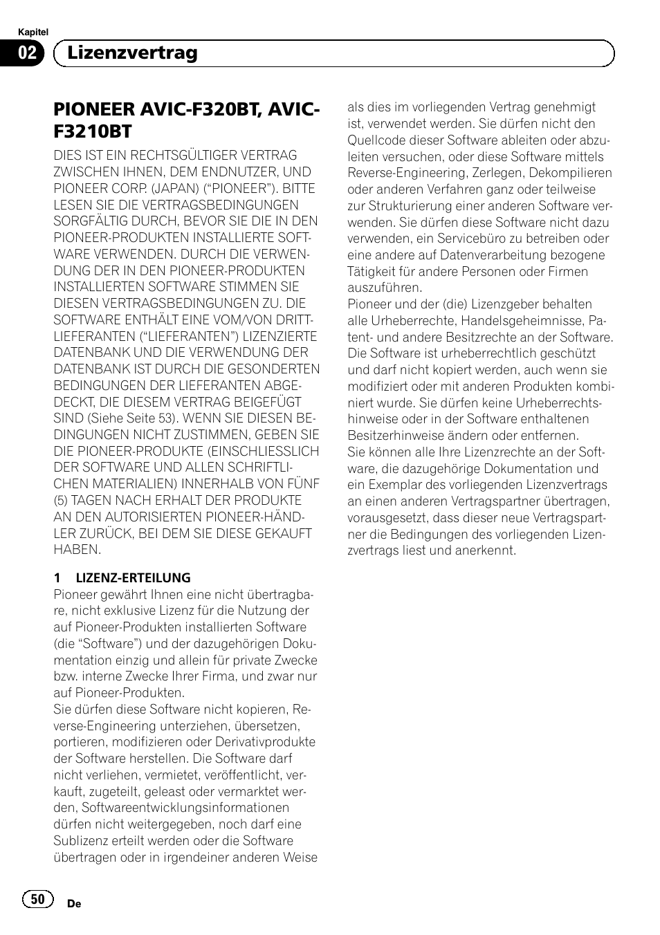 Lizenzvertrag pioneer avic-f320bt, avic-f3210bt, 02 lizenzvertrag | Pioneer AVIC-F320BT User Manual | Page 50 / 132