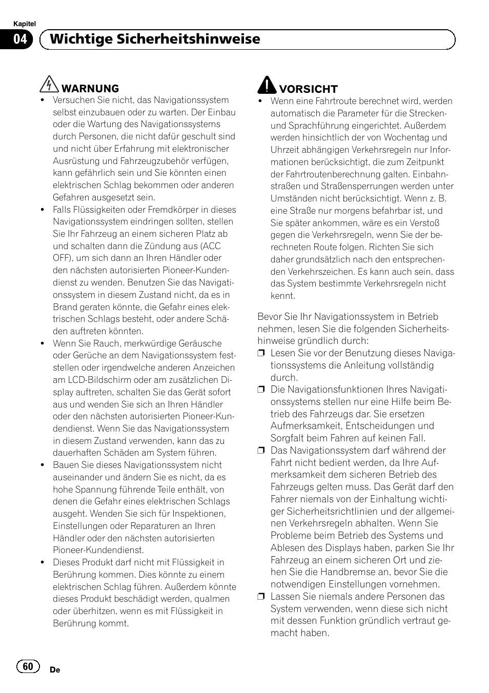 Wichtige sicherheitshinweise, 04 wichtige sicherheitshinweise | Pioneer AVIC-F320BT User Manual | Page 60 / 132