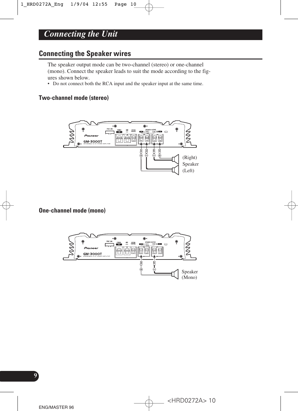 Connecting the speaker wires, Connecting the unit | Pioneer GM-3000T User Manual | Page 10 / 73