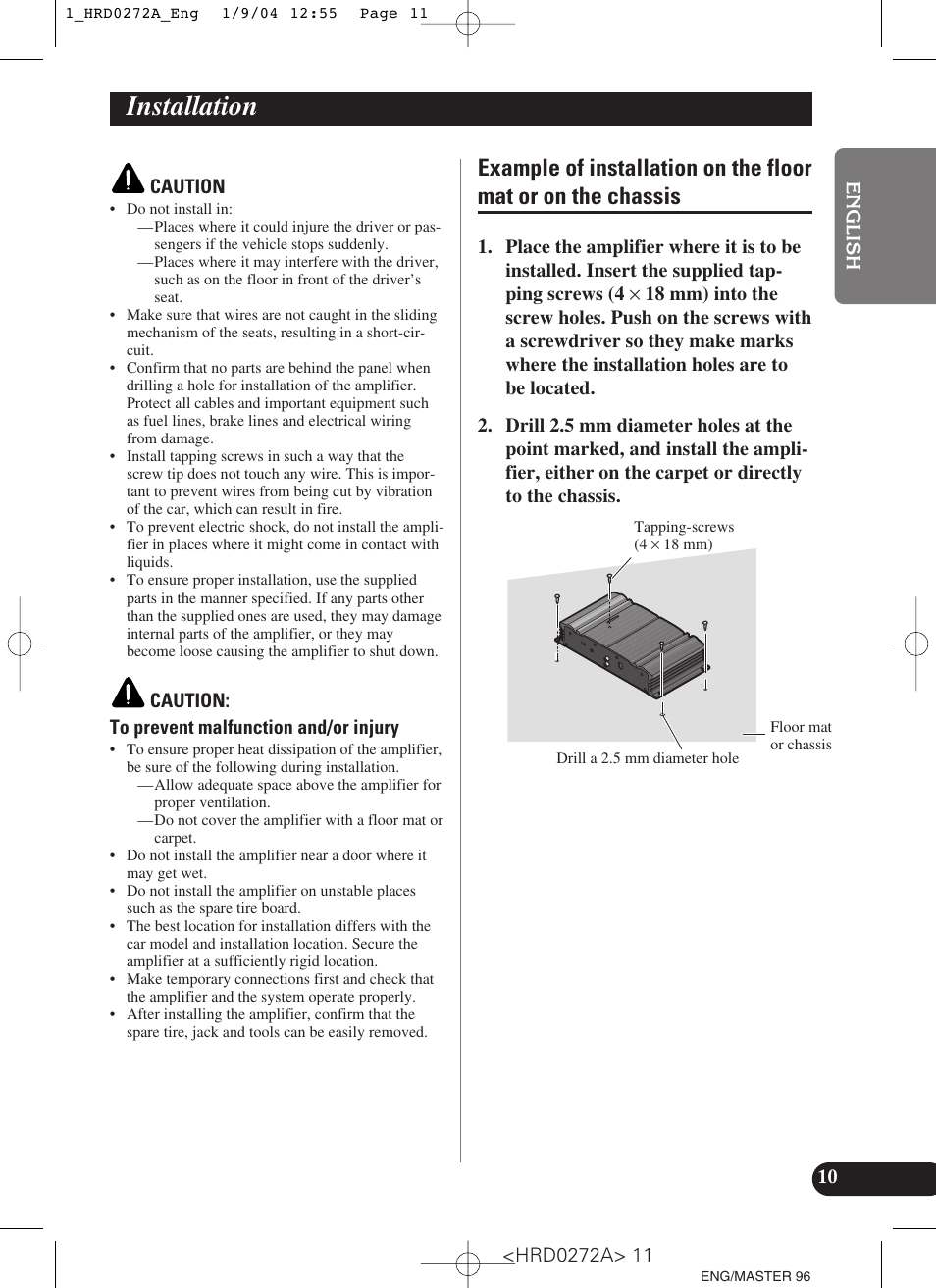 Installation, Example of installation on the floor mat, Or on the chassis | Pioneer GM-3000T User Manual | Page 11 / 73