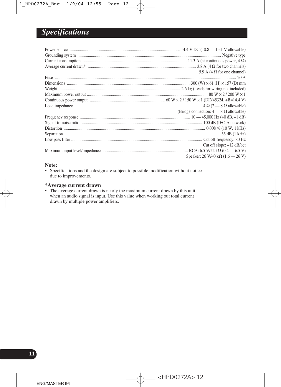 Specifications | Pioneer GM-3000T User Manual | Page 12 / 73