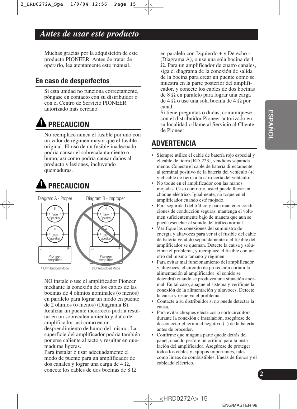 Antes de usar este producto, En caso de desperfectos advertencia, En caso de desperfectos | Precaucion, Advertencia | Pioneer GM-3000T User Manual | Page 15 / 73