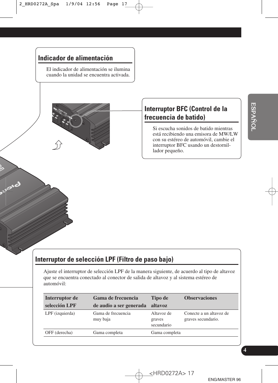 Indicador de alimentación interruptor bfc, Control de la frecuencia de batido), Interruptor de selección | Lpf (filtro de paso bajo), Interruptor de selección lpf (filtro de paso bajo), Indicador de alimentación | Pioneer GM-3000T User Manual | Page 17 / 73