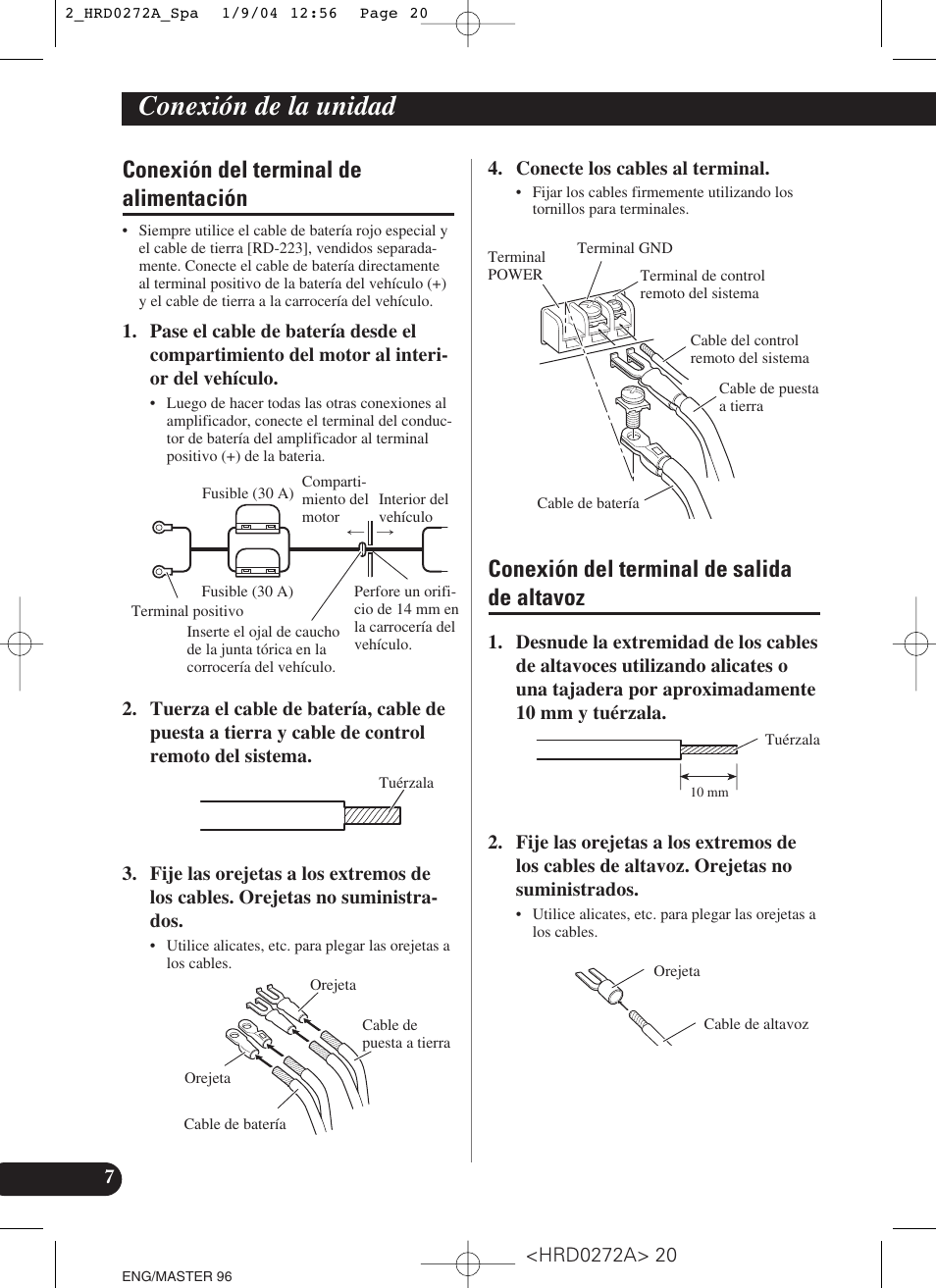 Conexión de la unidad, Conexión del terminal de alimentación, Conexión del terminal de salida de altavoz | Pioneer GM-3000T User Manual | Page 20 / 73