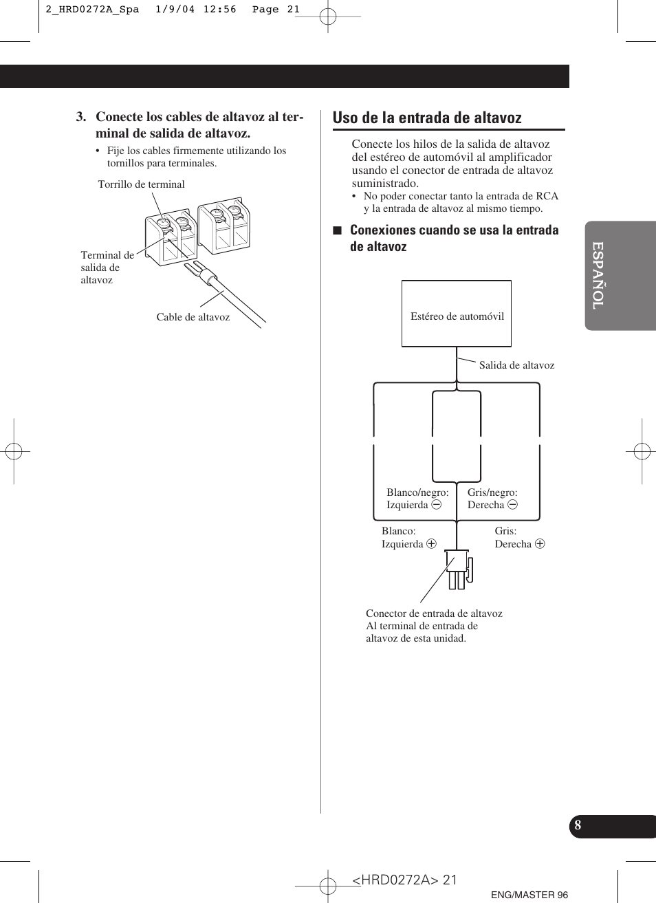 Uso de la entrada de altavoz | Pioneer GM-3000T User Manual | Page 21 / 73