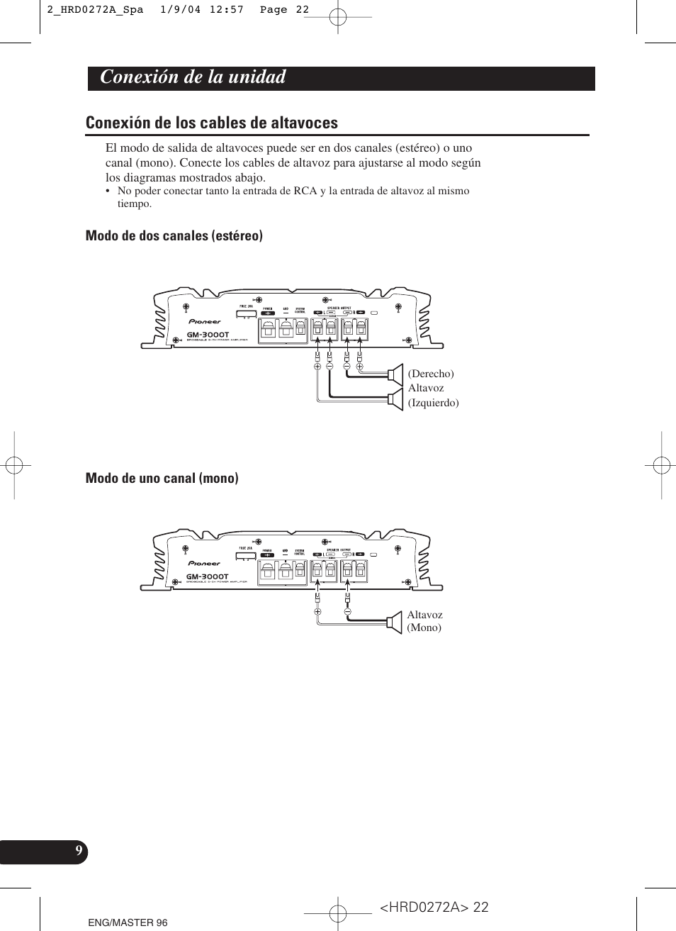 Conexión de los cables de altavoces, Conexión de la unidad | Pioneer GM-3000T User Manual | Page 22 / 73