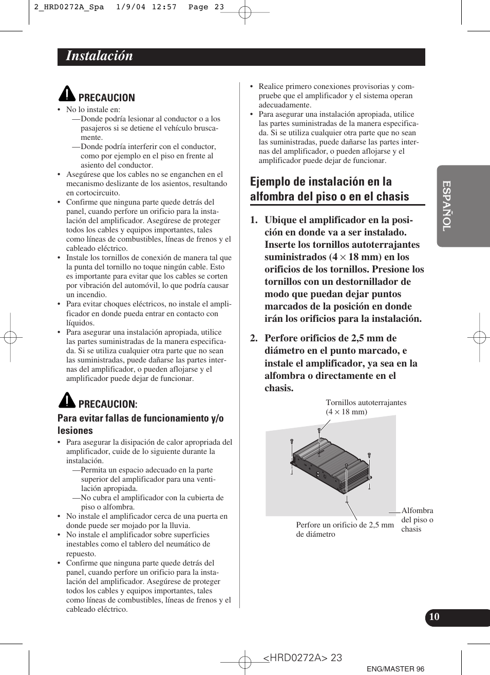 Instalación, Ejemplo de instalación en la alfombra, Del piso o en el chasis | Pioneer GM-3000T User Manual | Page 23 / 73