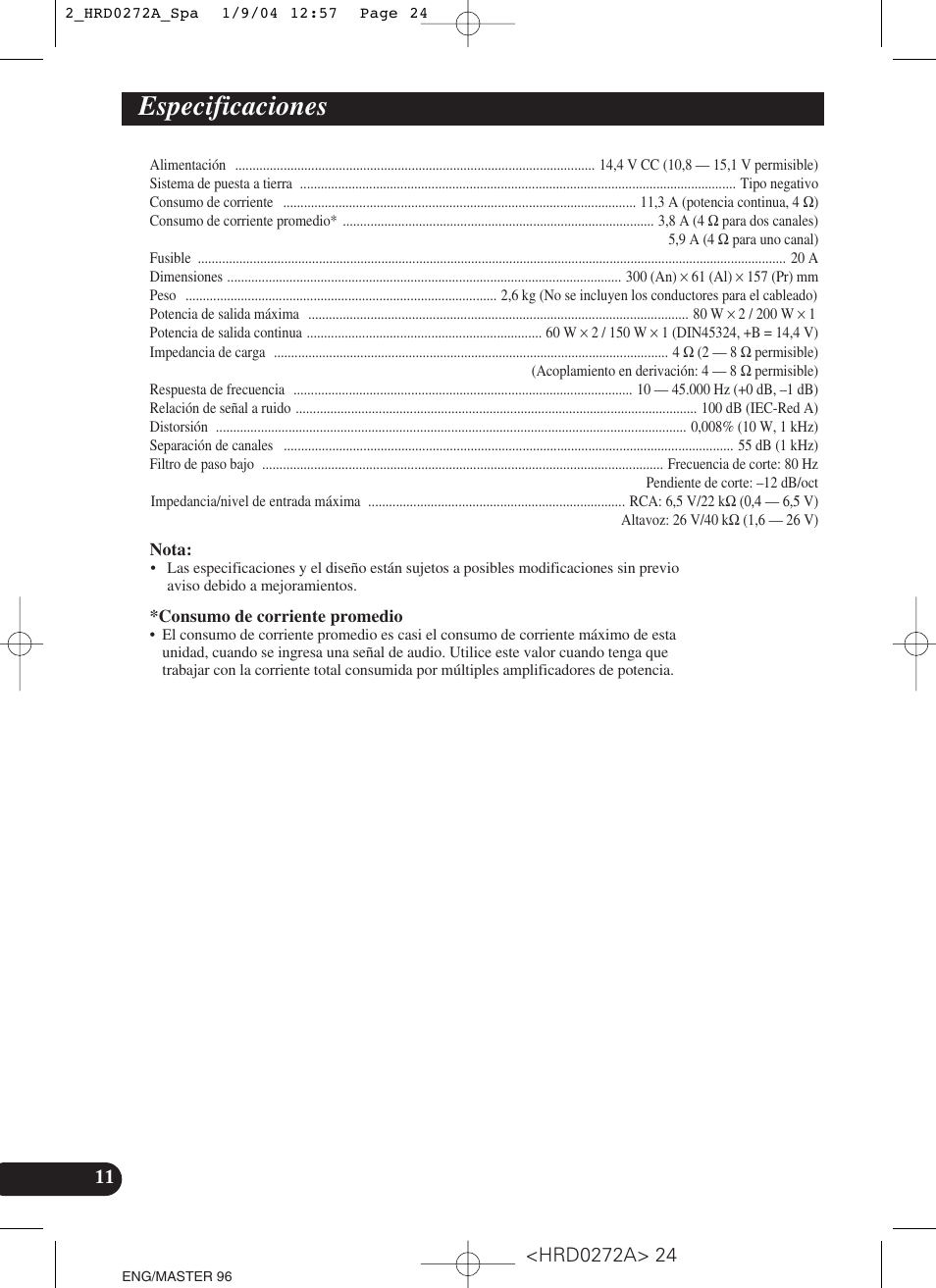 Especificaciones | Pioneer GM-3000T User Manual | Page 24 / 73