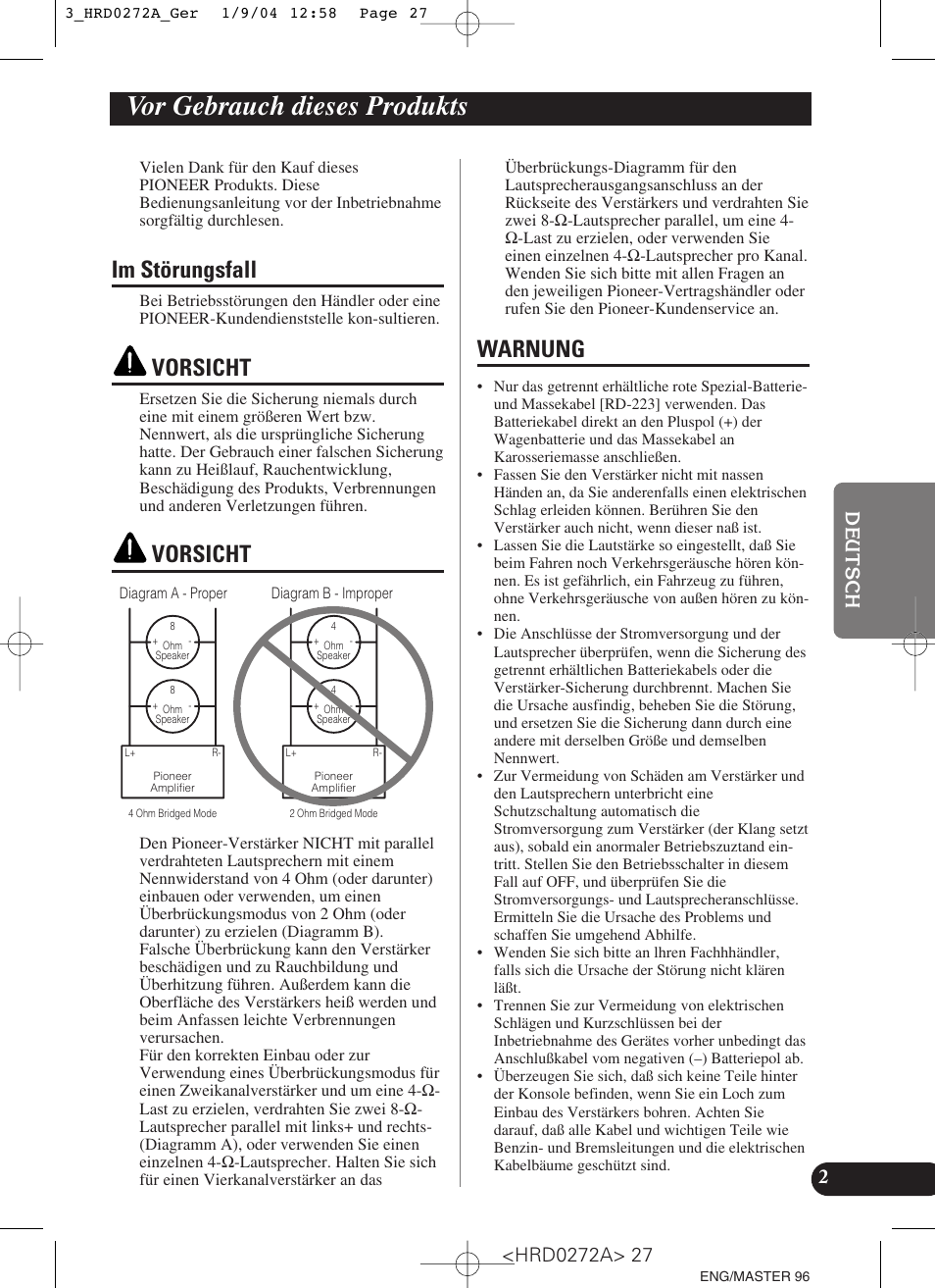 Vor gebrauch dieses produkts, Im störungsfall warnung, Im störungsfall | Vorsicht, Warnung | Pioneer GM-3000T User Manual | Page 27 / 73