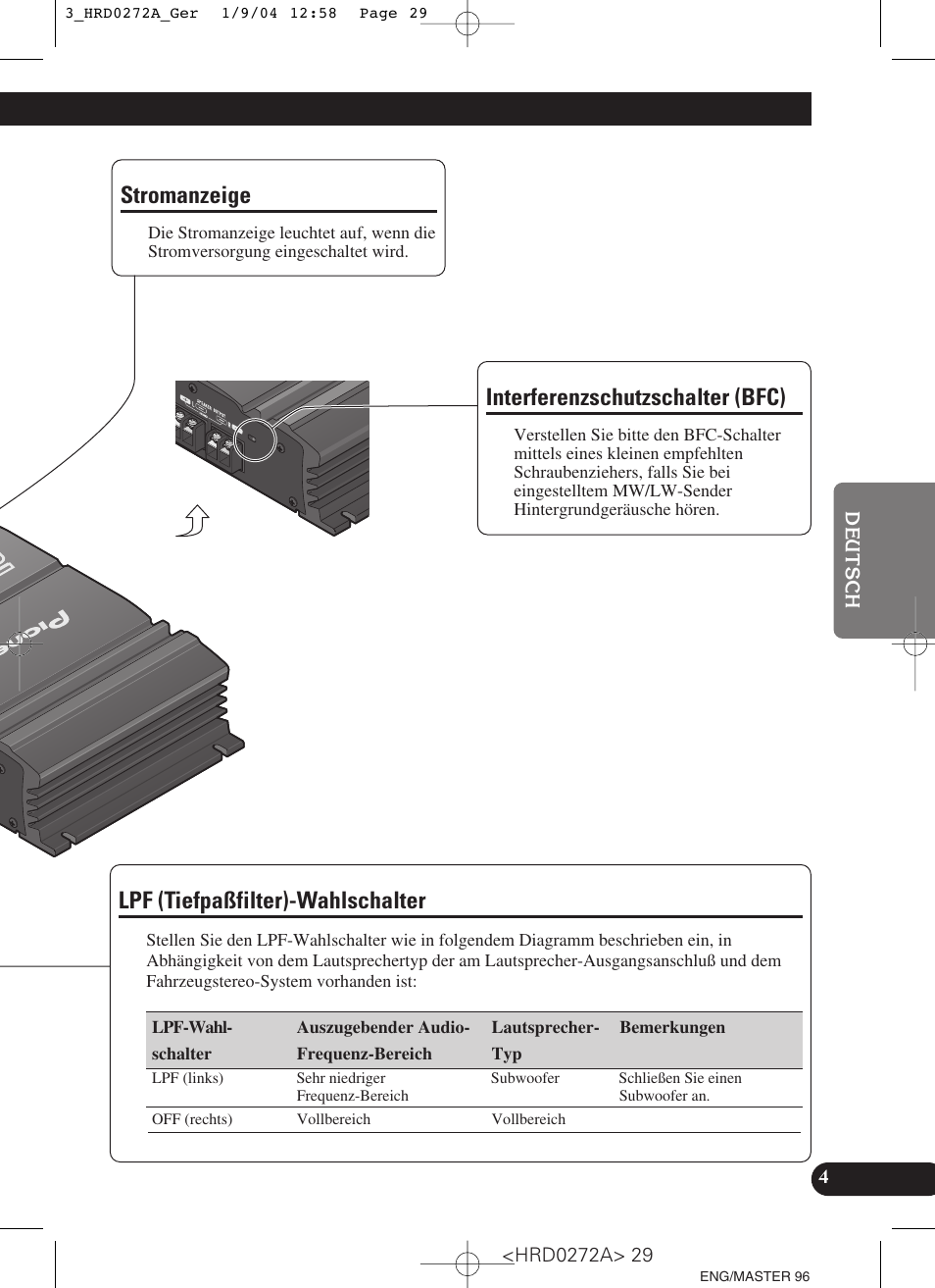 Stromanzeige, Lpf (tiefpaßfilter)-wahlschalter, Interferenzschutzschalter (bfc) | Pioneer GM-3000T User Manual | Page 29 / 73