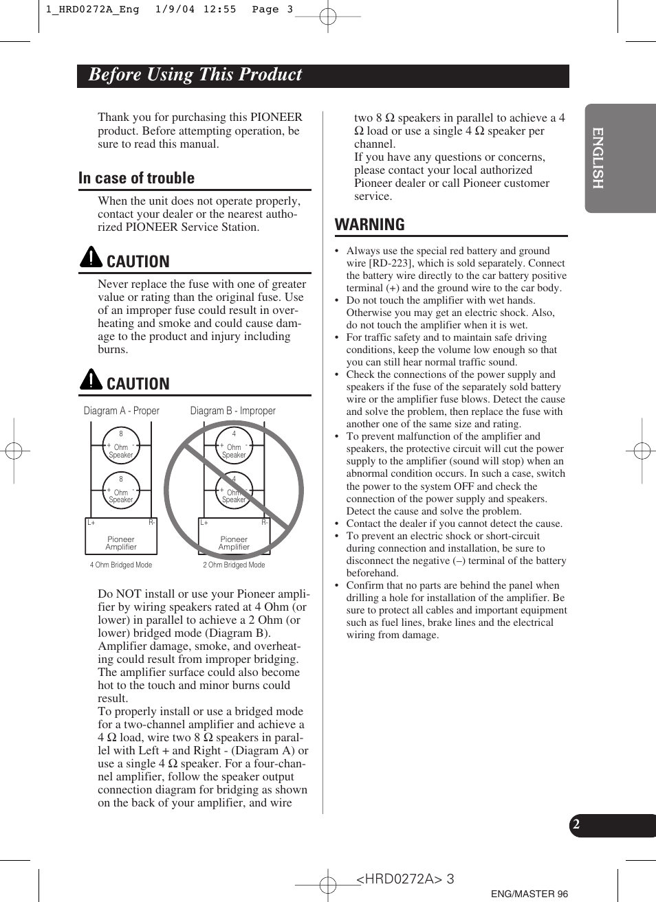 Before using this product, In case of trouble warning, Caution | Warning | Pioneer GM-3000T User Manual | Page 3 / 73
