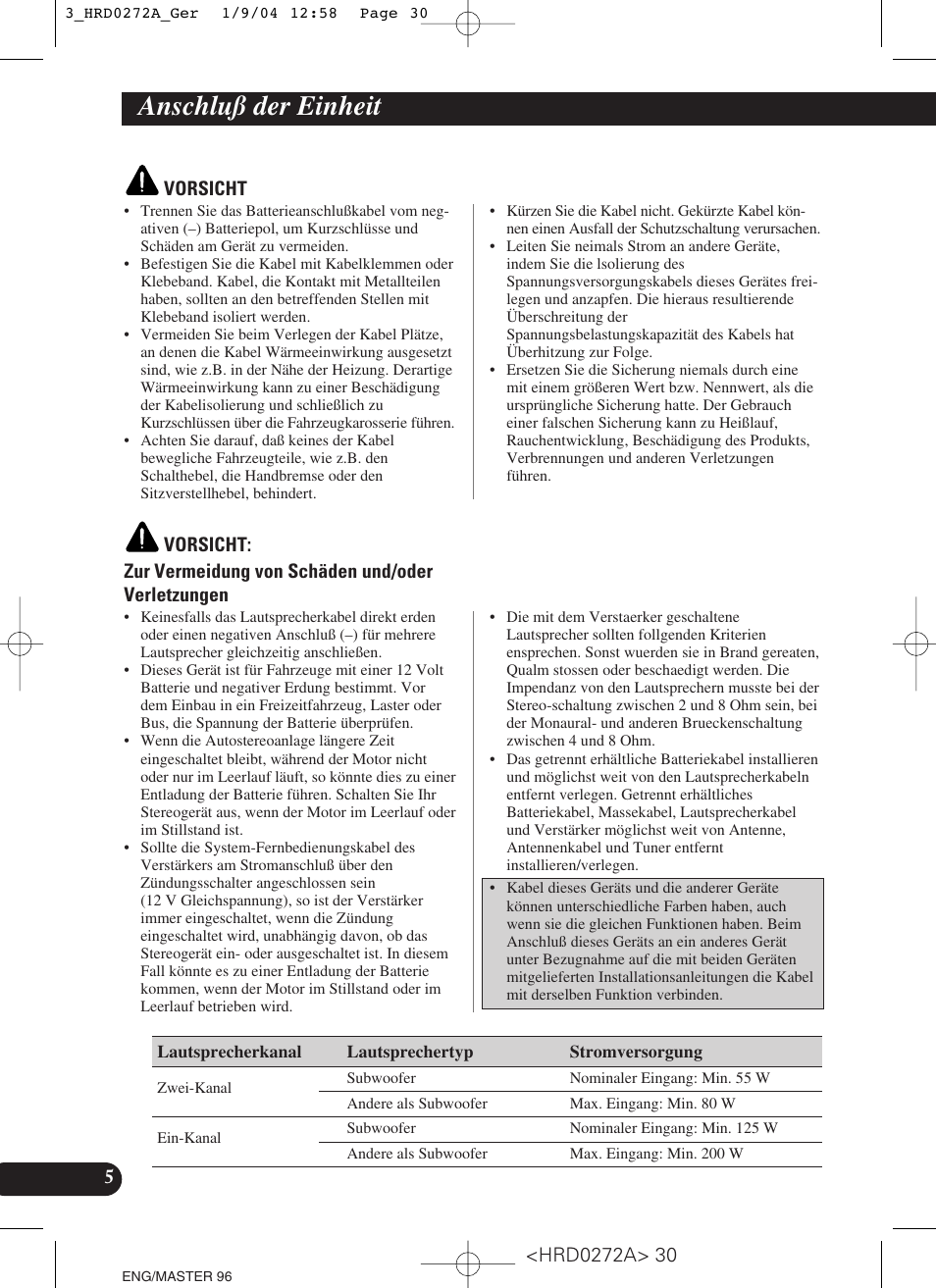 Anschluß der einheit | Pioneer GM-3000T User Manual | Page 30 / 73